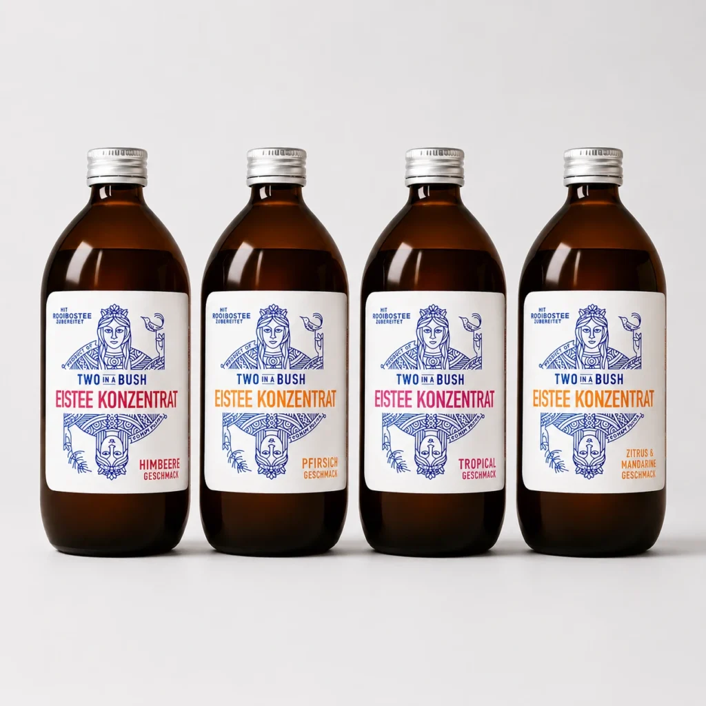 Eistee Konzentrat Probierpaket mit 4 Sorten – Himbeere, Pfirsich, Tropical sowie Zitrus & Mandarine