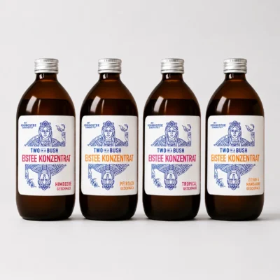 Eistee Konzentrat Probierpaket mit 4 Sorten – Himbeere, Pfirsich, Tropical sowie Zitrus & Mandarine